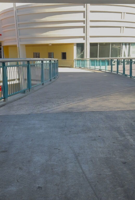 A bridge going from the fourth floor of the parking garage directly to the Neonopolis building.