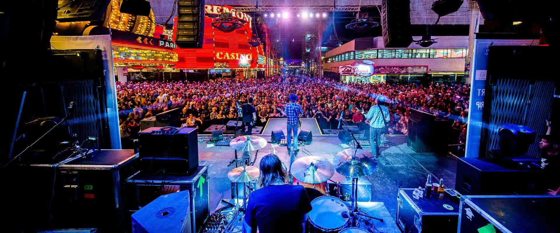 Band on stage at Fremont Street Experience