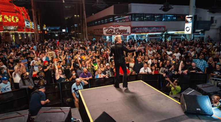 A stage view of the crowd at a Fremont Street Experience free concert