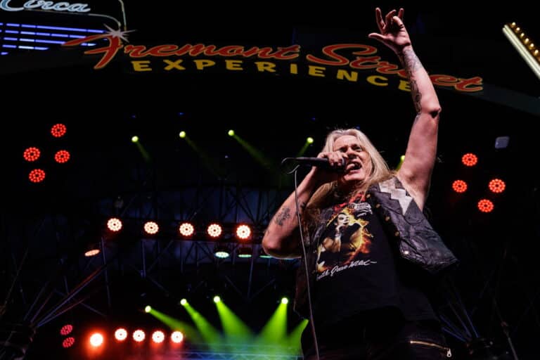 Sebastian Bach performing on stage at Fremont Street Experience. 