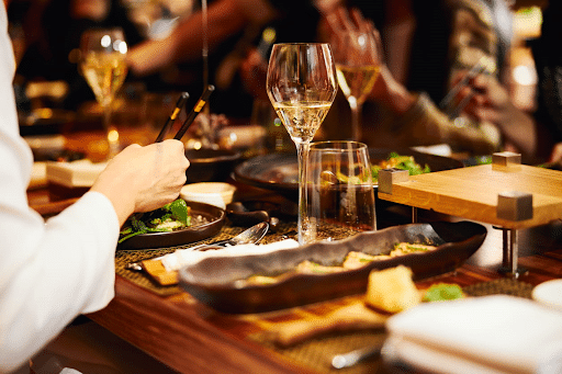 Focus is on food at a table in a restaurant off the Las Vegas Strip.