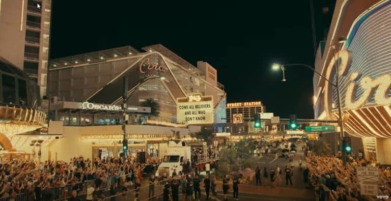 A shot of the crowd and Circa hotel from U2's Atomic City music video. 