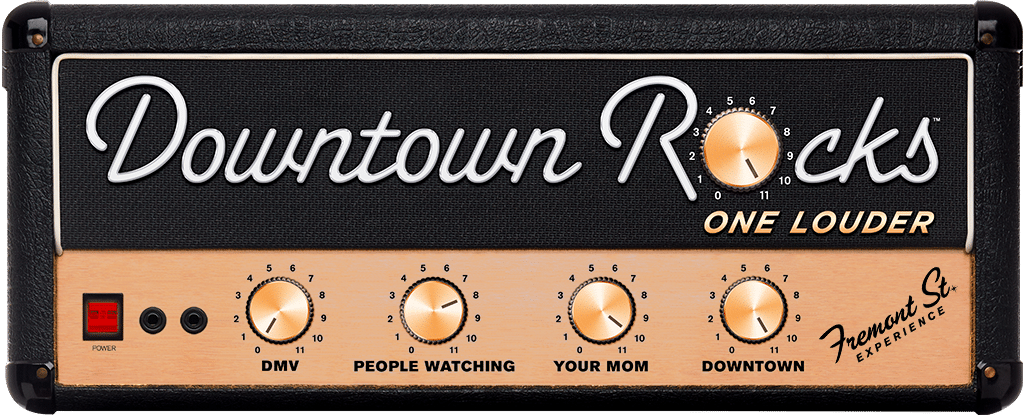 Downtown Rocks Logo - An Amp with "Downtown Rocks, One Louder" spelled out with dials "DMV" "People Watching" "Your Mom" and "Downtown"