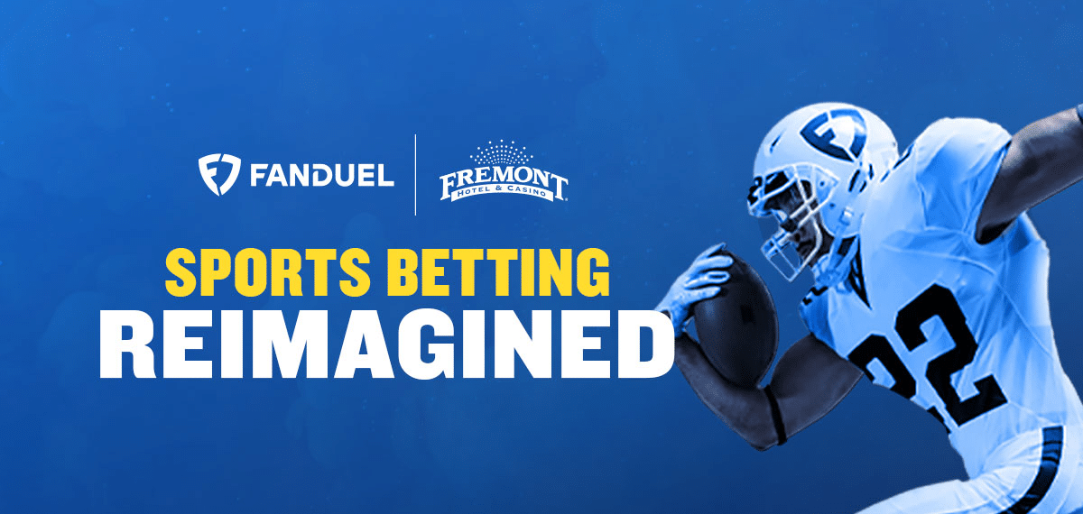 A graphic that shows a football player running with a ball that reads: FanDuel | Fremont Hotel & Casino Sports betting reimagined.