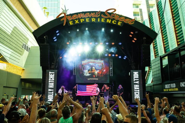 A band playing at fremont street experience during july 4th.