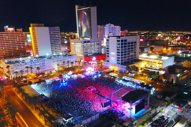 An aerial shot of a stage located at Fremont Street Experience.