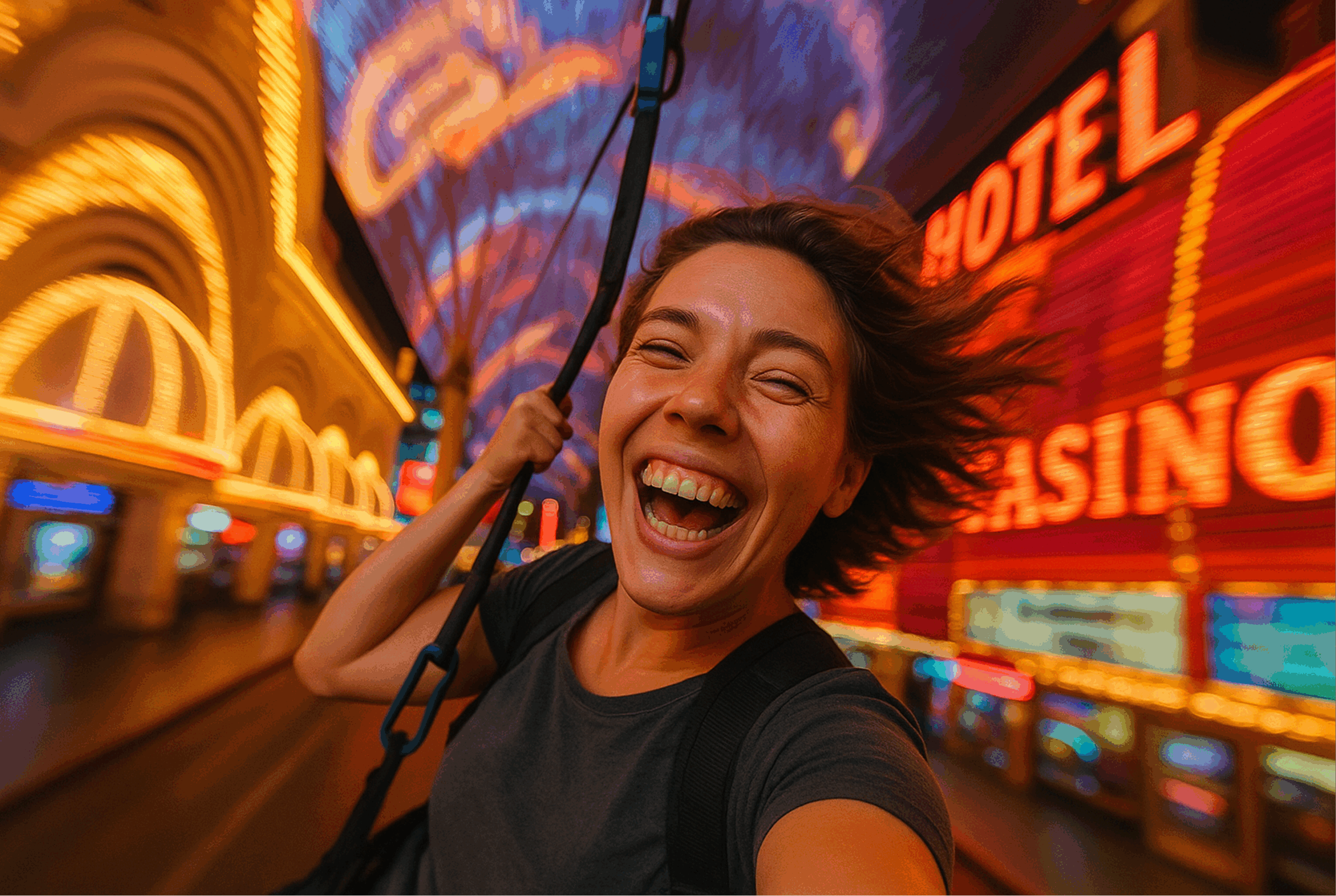On the zipline over Fremont Street Experience with neon lights from the canopy and neighboring casinos